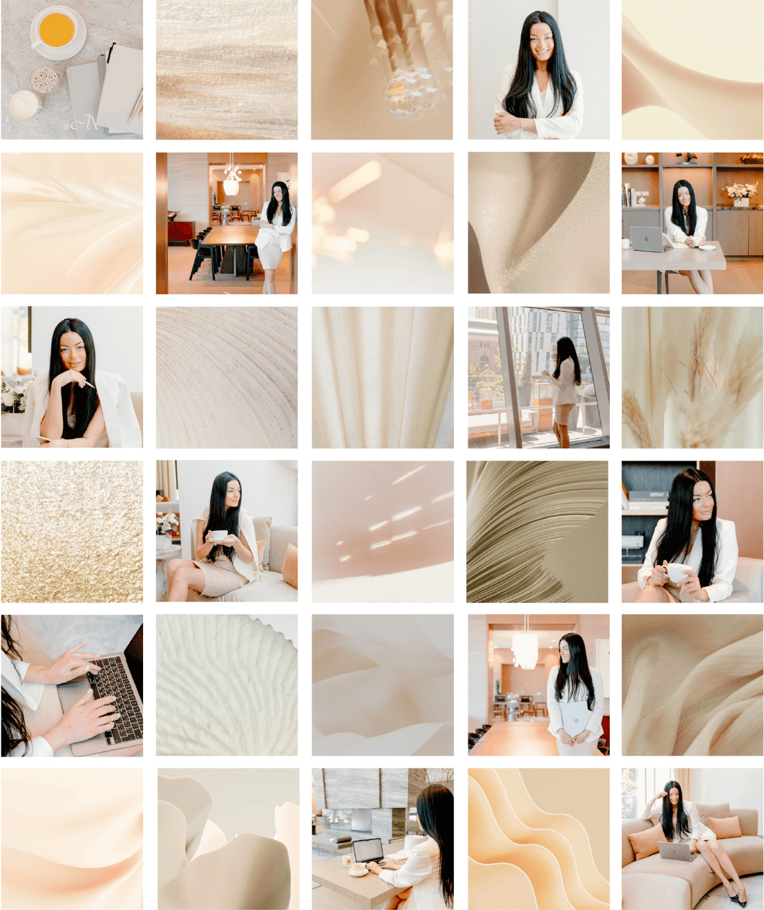 photo grid of brand images with gold gradients and woman with black hair smiling