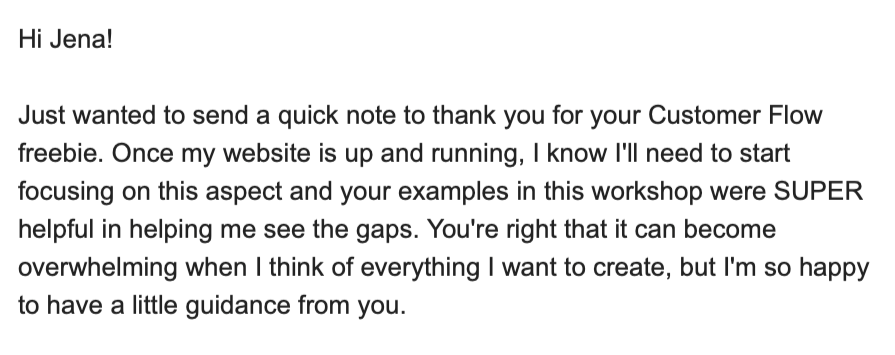 Email message expressing gratitude to Jena for help with Customer Flow and workshop examples.