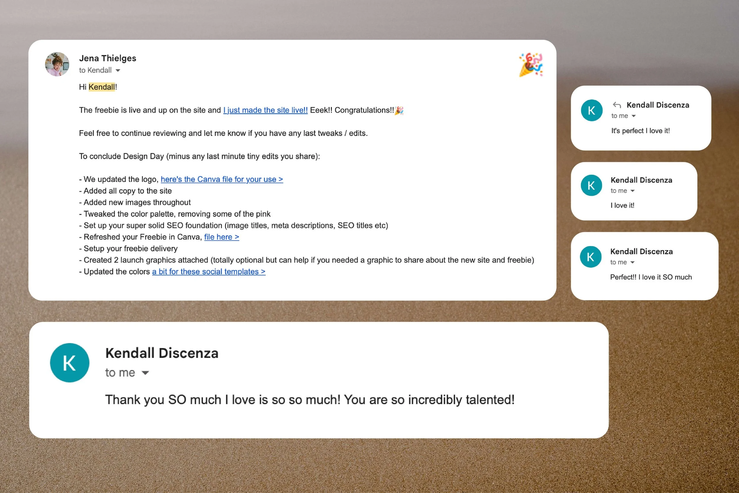 Screenshots of 5 blurbs between a designer and their client with sand image behind it