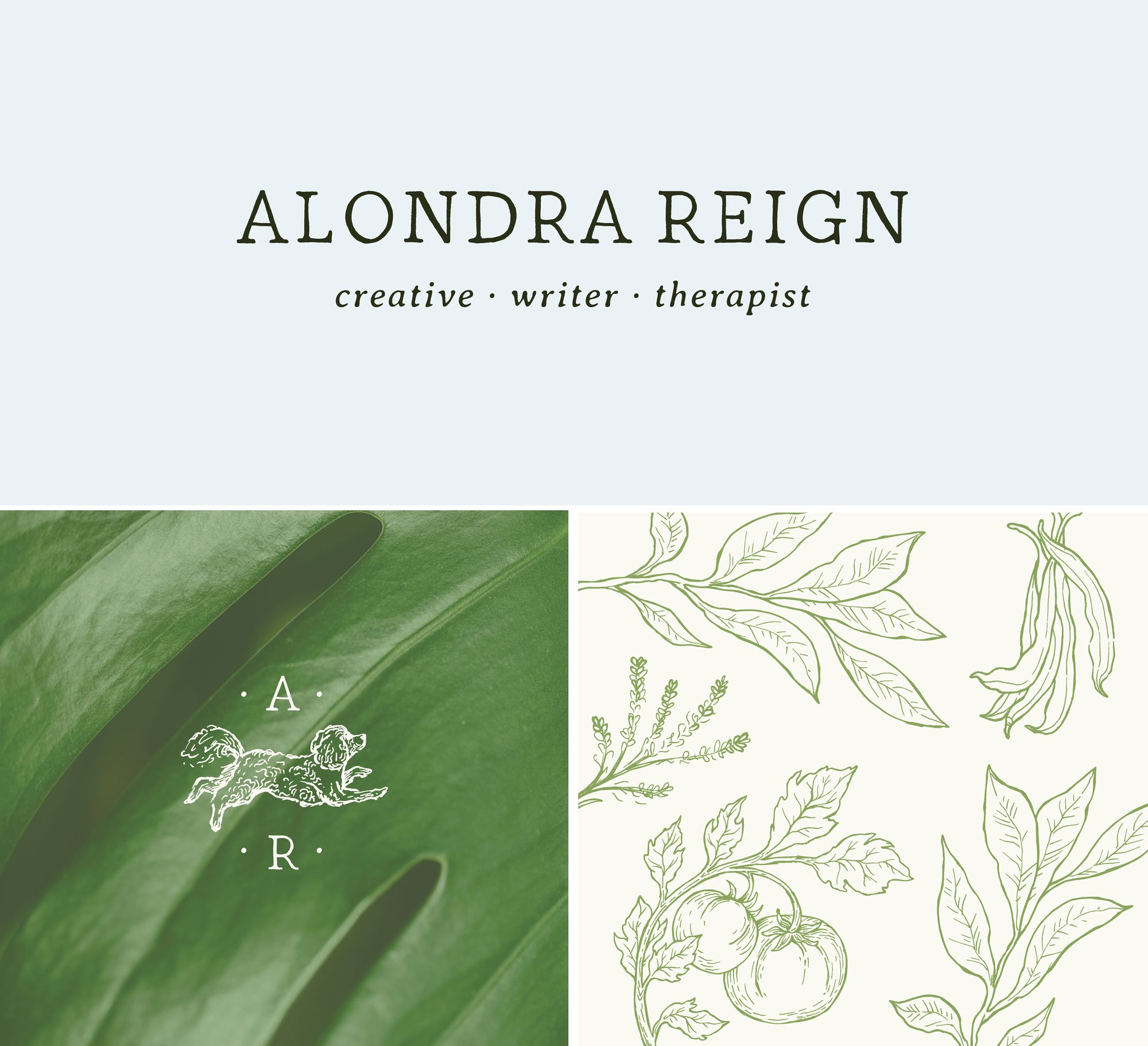 logo design for Alondra Reign, a creative writer and therapist. Dark gray logo with earthy textured font on light blue background. Brand illustrations are hand drawn.