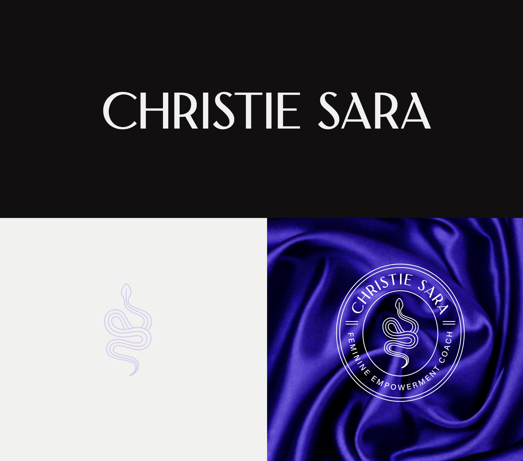 logo design for Christie Sara, a women's empowerment coach, white text on black background with a purple snake swirling.