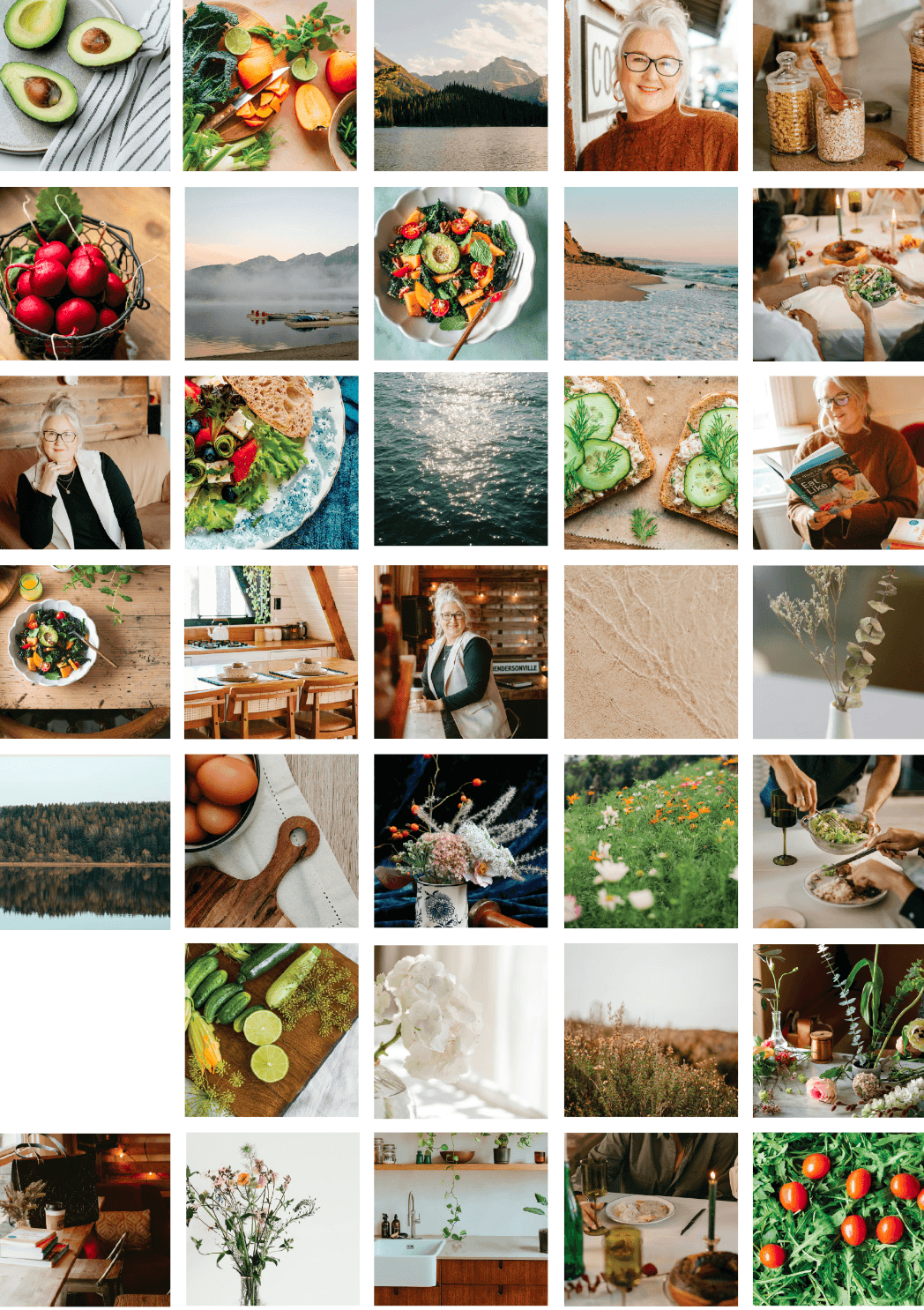 photo grid of the beach, lakes and images of nutritional food