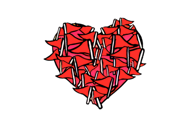 Heart-shaped cluster of red flags symbolizing signs of unhealthy relationships — guidance from Wilson Counseling in Bellaire, Texas.