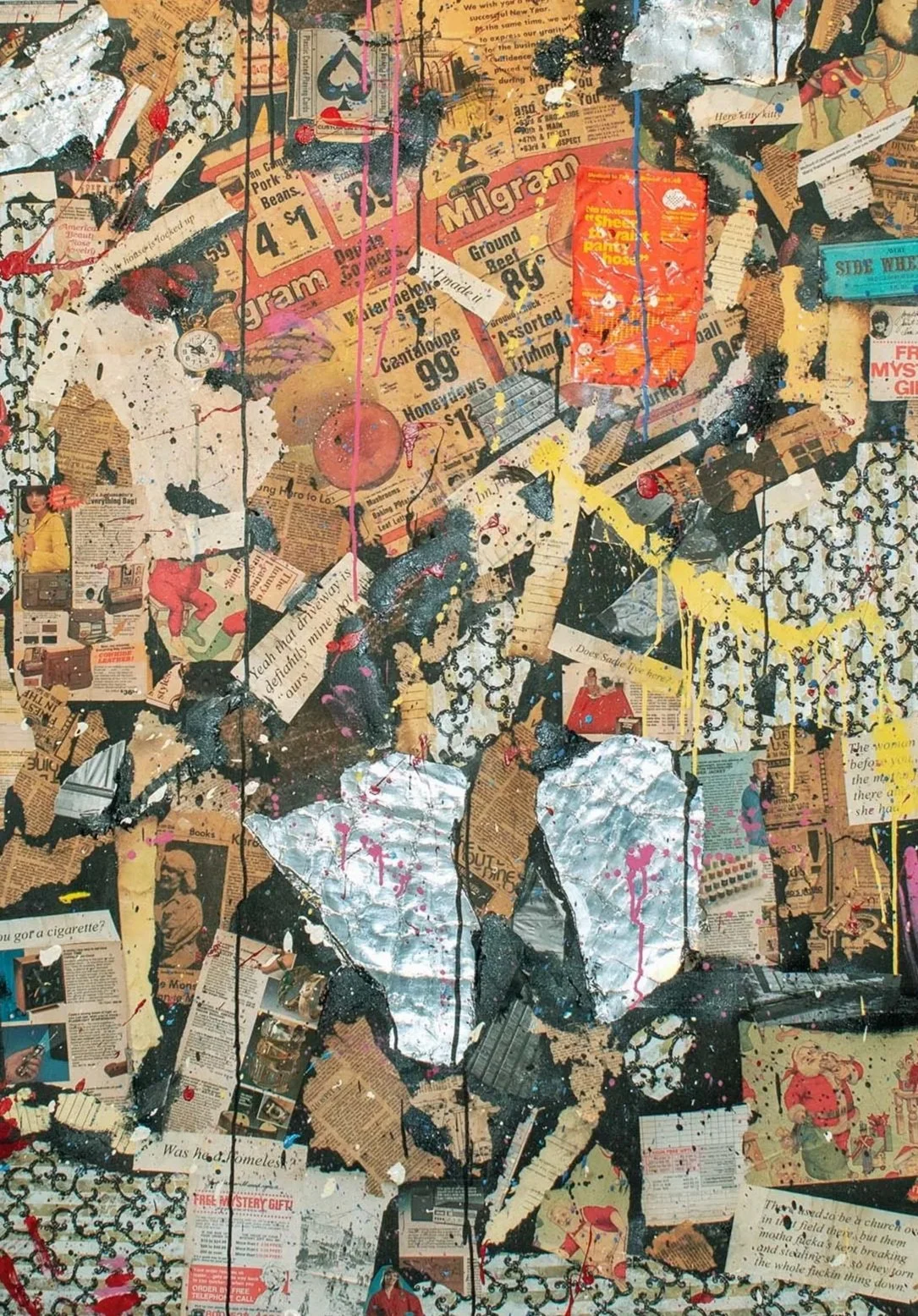 Collage artwork made from torn magazine scraps, paint splatters, and foil, with layered images, texts, and patterns.