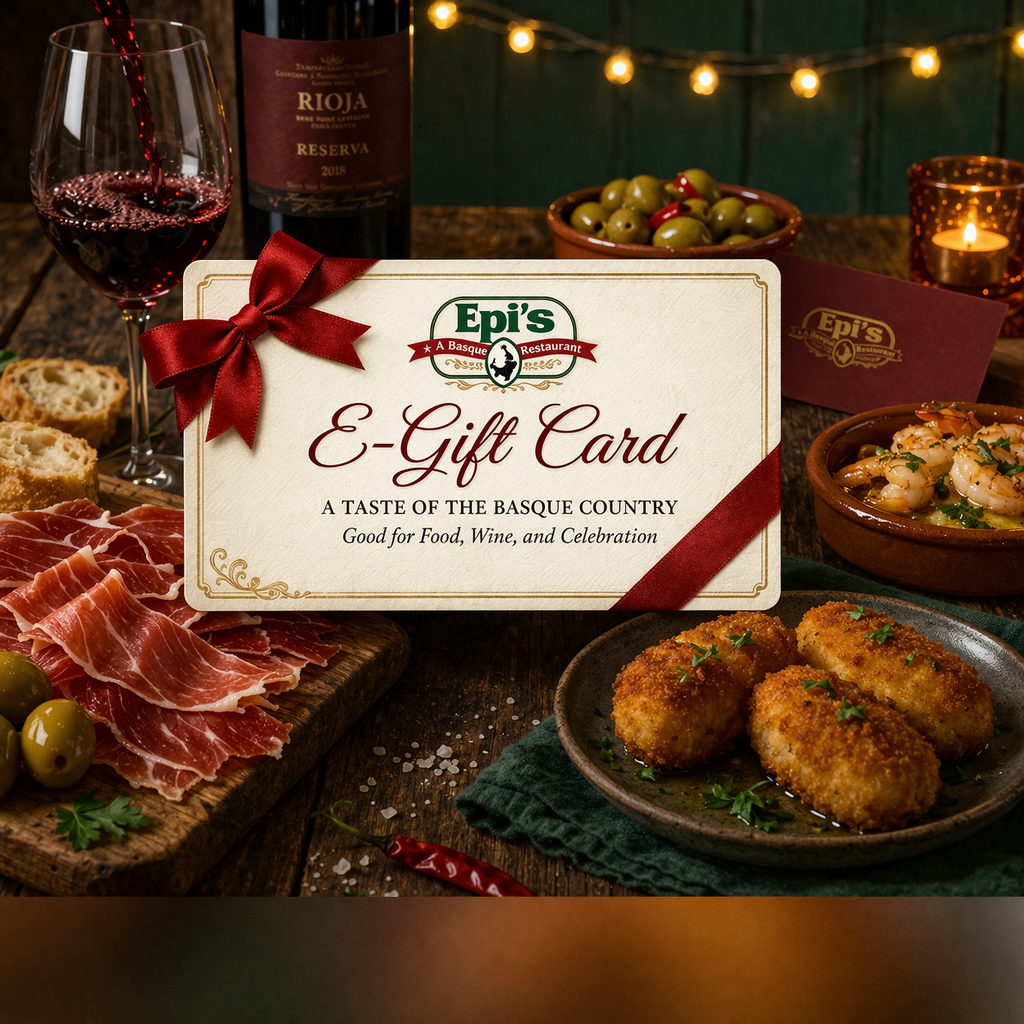 E-Gift card from Epi's restaurant with a spread of Spanish cuisine including cured ham, green olives, a bowl of shrimp, fried croquettes, and a glass of red wine, set on a rustic wooden table with string lights in the background.