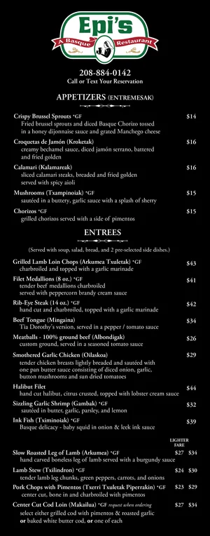 Menu — Epi's Basque Restaurant | Traditional Basque Cuisine | Meridian ...