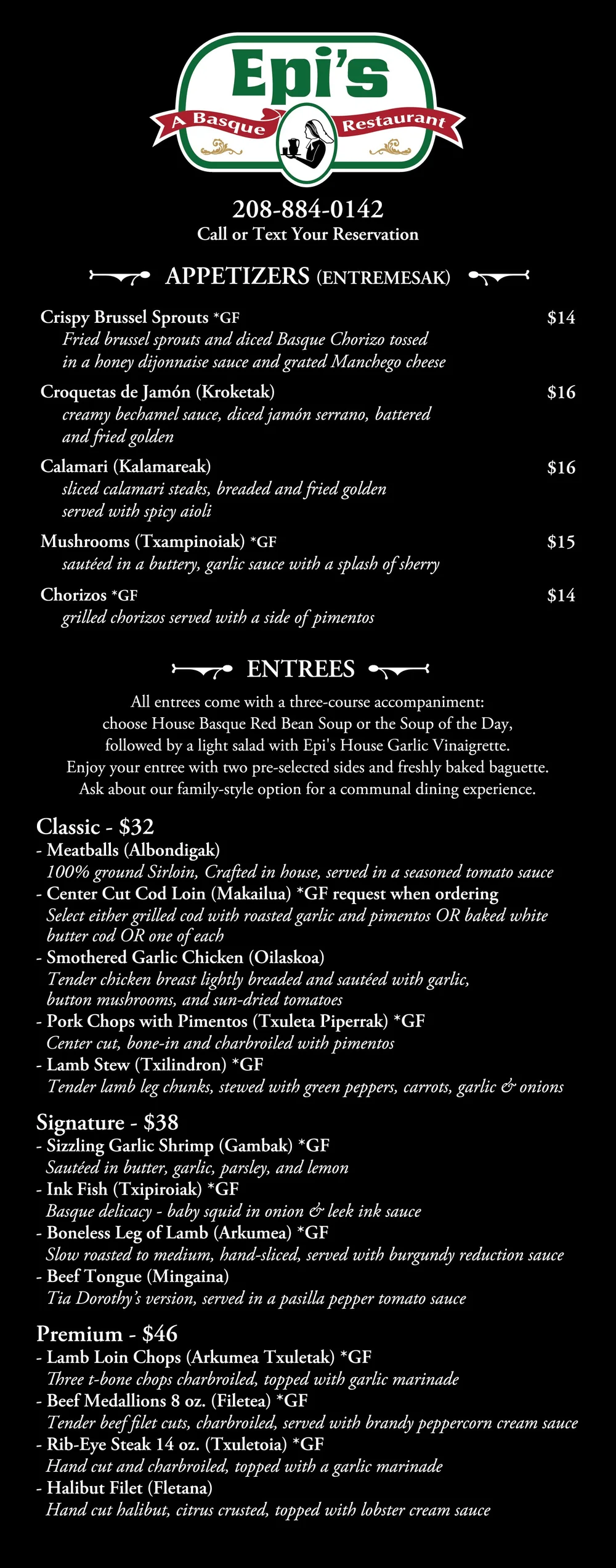 Menu — Epi's Basque Restaurant | Traditional Basque Cuisine | Meridian ...
