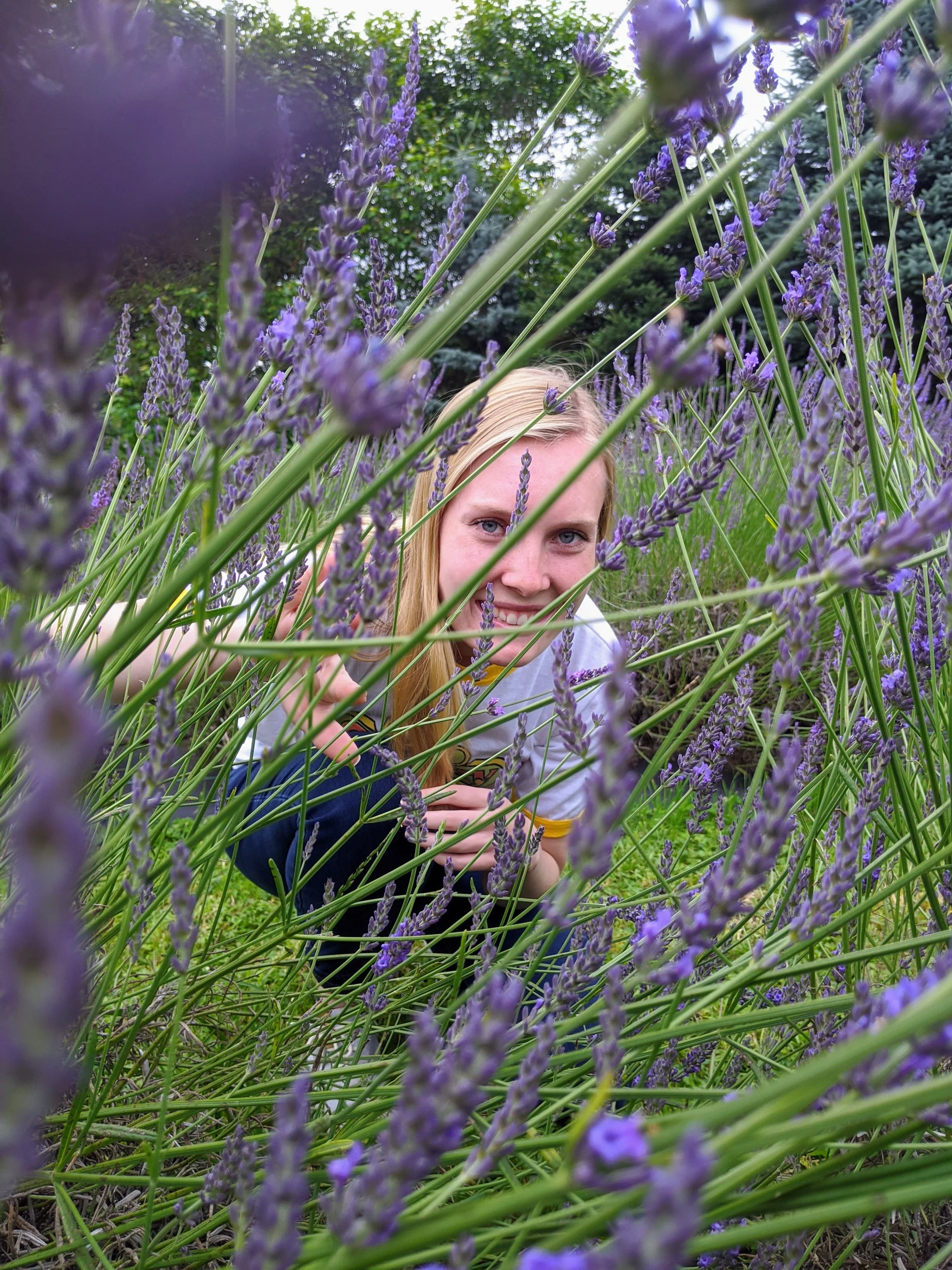 Holly Heuver, garden writer, peeking through lavender