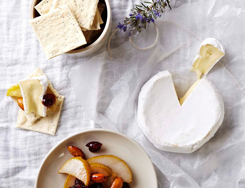 Double Brie or Camembert served with Fresh Poached Fruits &amp; Lavosh Crackers