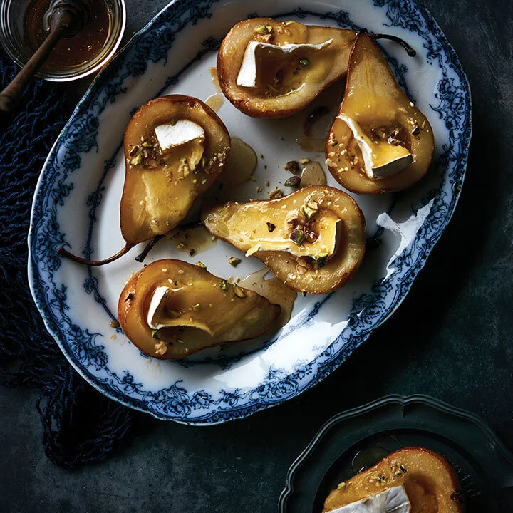 Honey Roasted Pears with Triple Cream Brie &amp; Pistachio Dukkah
