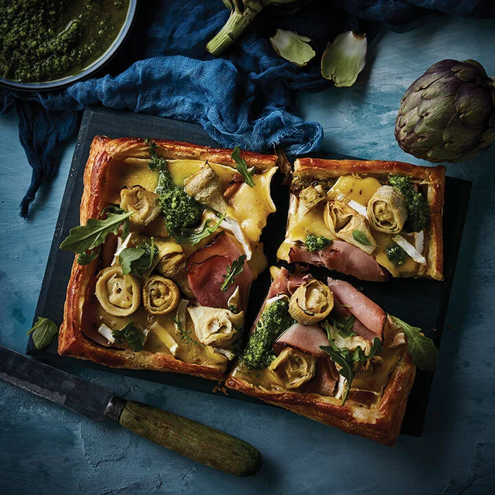 Double Brie Open Tart, Artichoke, Smoked Ham &amp; Pesto