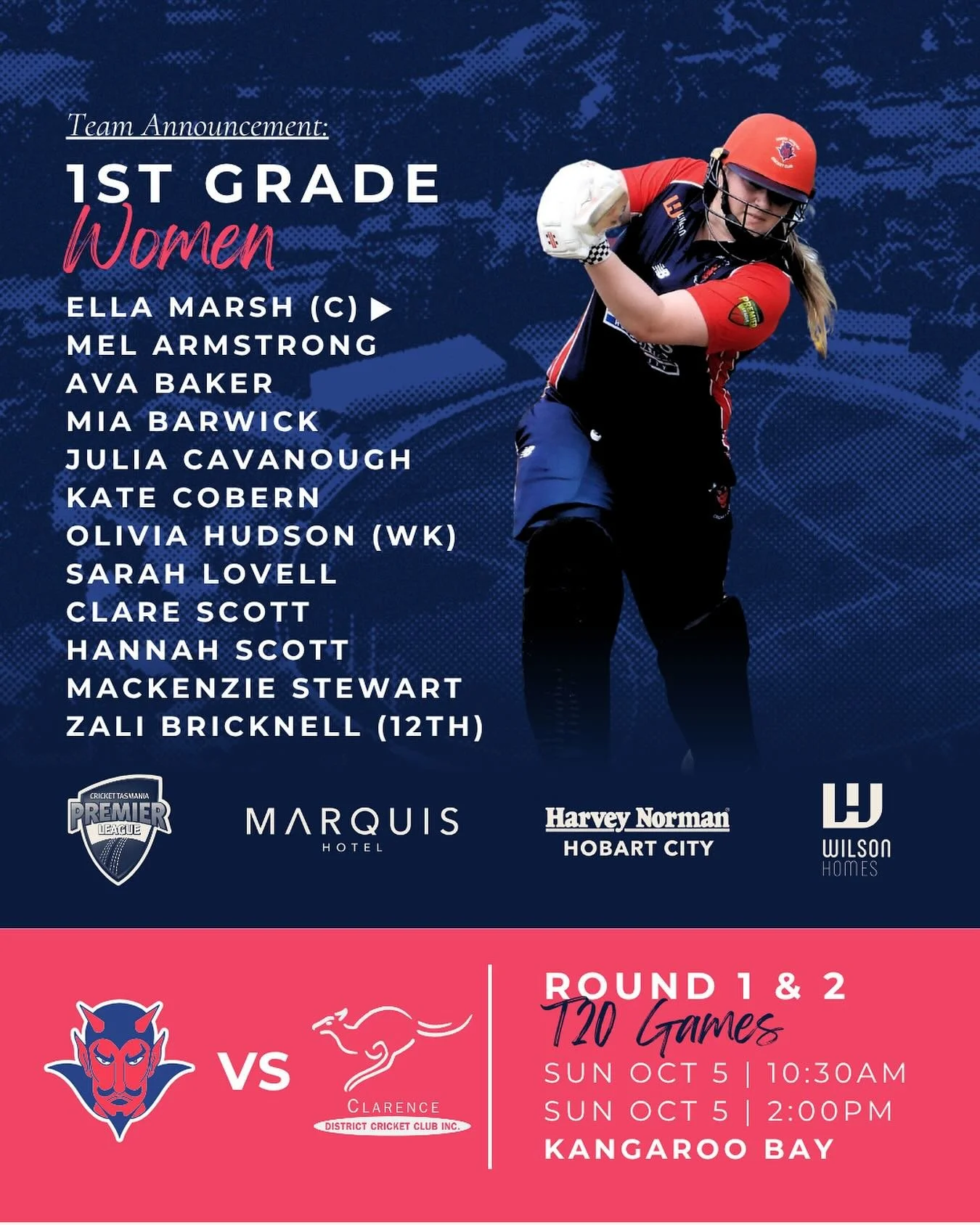 The first Friday team announcement of 25/26 has dropped! Our 1st Grade Women are pulling on the kit and hitting the pitch in Kangaroo Bay against the Roos for two T20&rsquo;s to kick off the Demon season this Sunday. Good luck, let&rsquo;s get it ❤️?