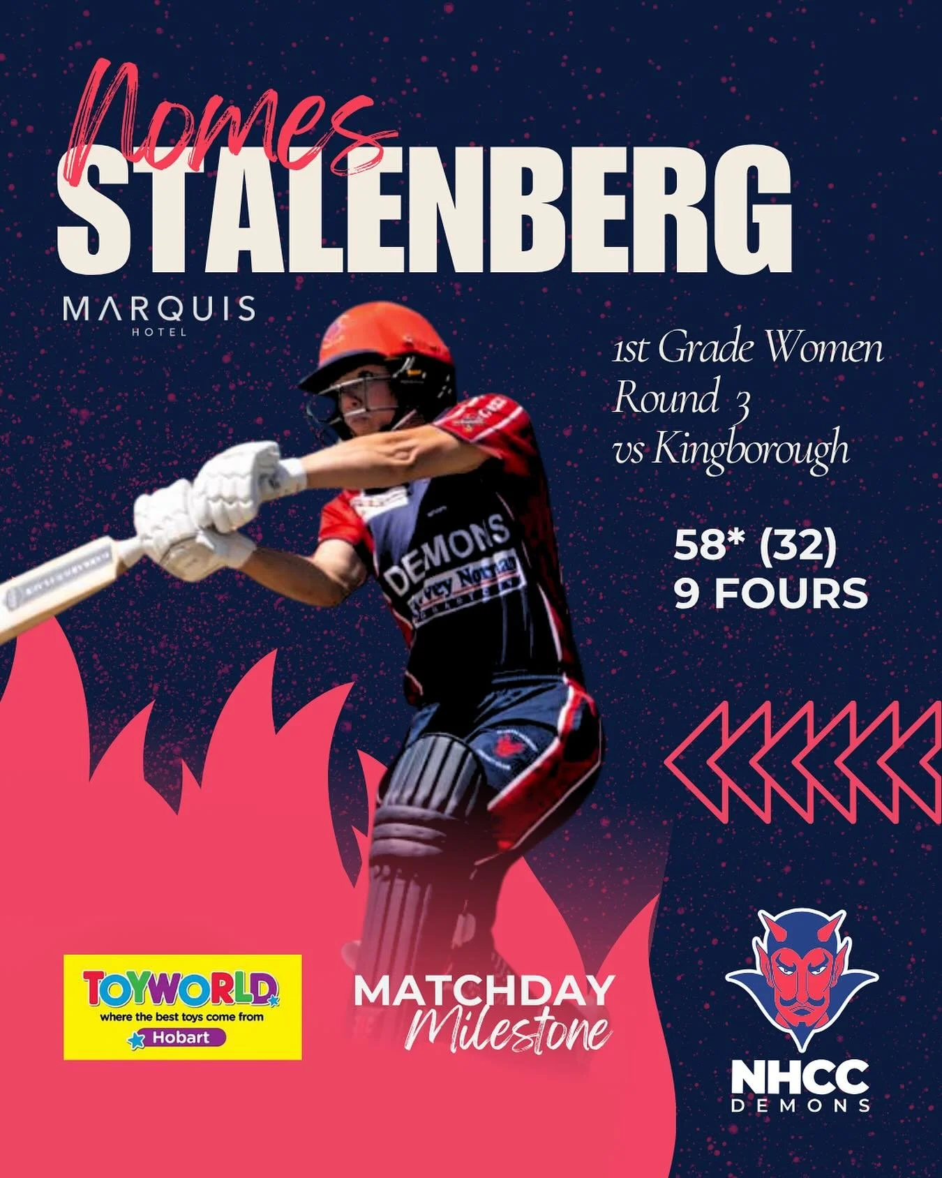 We have our first @toyworldhobart Match Day Milestone for 25/26! @naomistalenberg went bang with the bat to strike at 181 to help power 1st Grade women to victory with her unbeaten 58💥 

Congrats, Nomes, just the first of many milestones to come if 