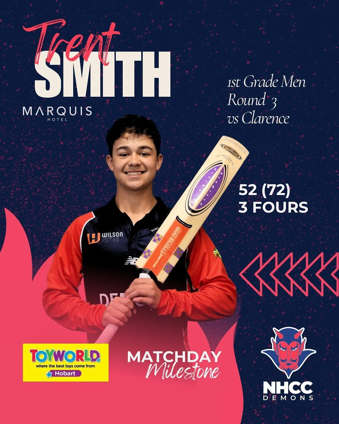 A milestone in every match last weekend, and we celebrate @trentsmith289 @scoobybatchelor and @hamish.beechey with thanks to @toyworldhobart ❤️💙

Trent notches up his first 1st Grade half century and does his average and strike rate no harm with his