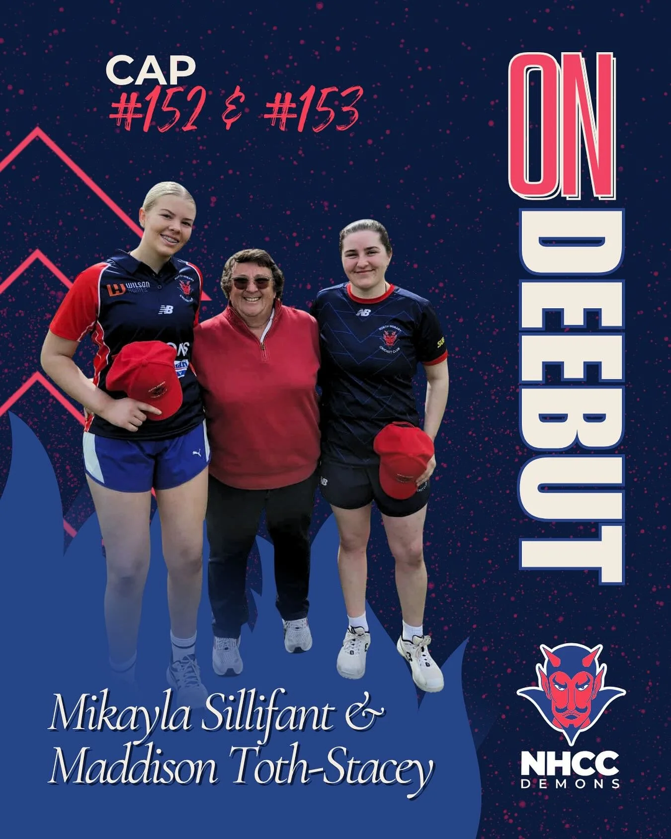 Welcome to the big leagues to our two newest deebutants! @mikayla.sil_ (left) and @madd_toth (right) received caps #152 and 153 respectively from the legendary club president and life member Jill (centre). All the best for long and happy careers in D