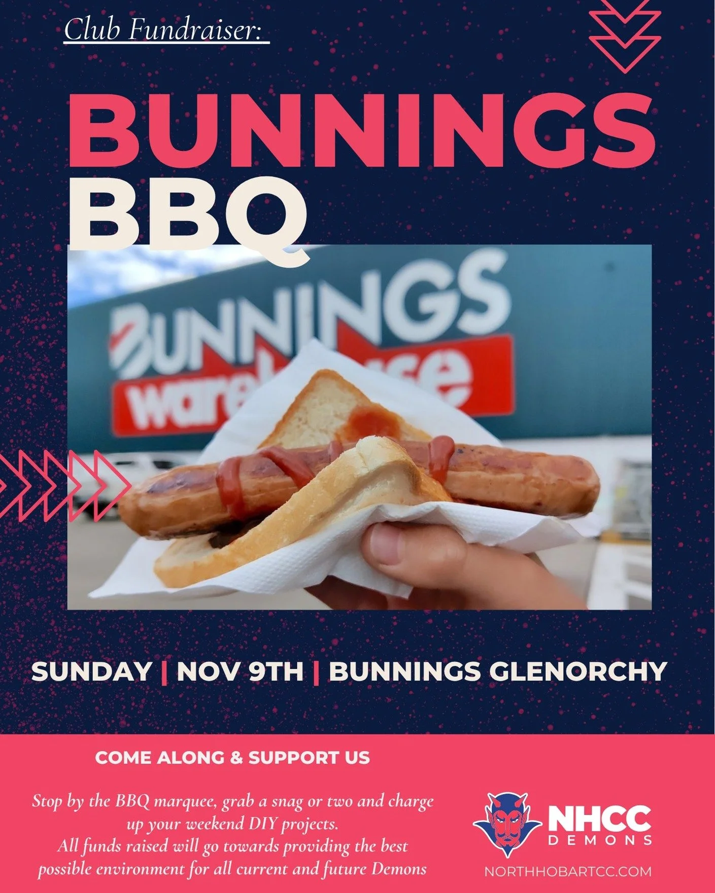 🔵🔴 FUNDRAISER ALERT - SUNDAY NOVEMBER 9TH 🔴🔵

Head out to Bunnings Glenorchy this Sunday November 9th for all your DIY needs.
Oh and while you are there, make sure you grab a sausage or two and say hi to all our @northhobartcc  volunteers who wil