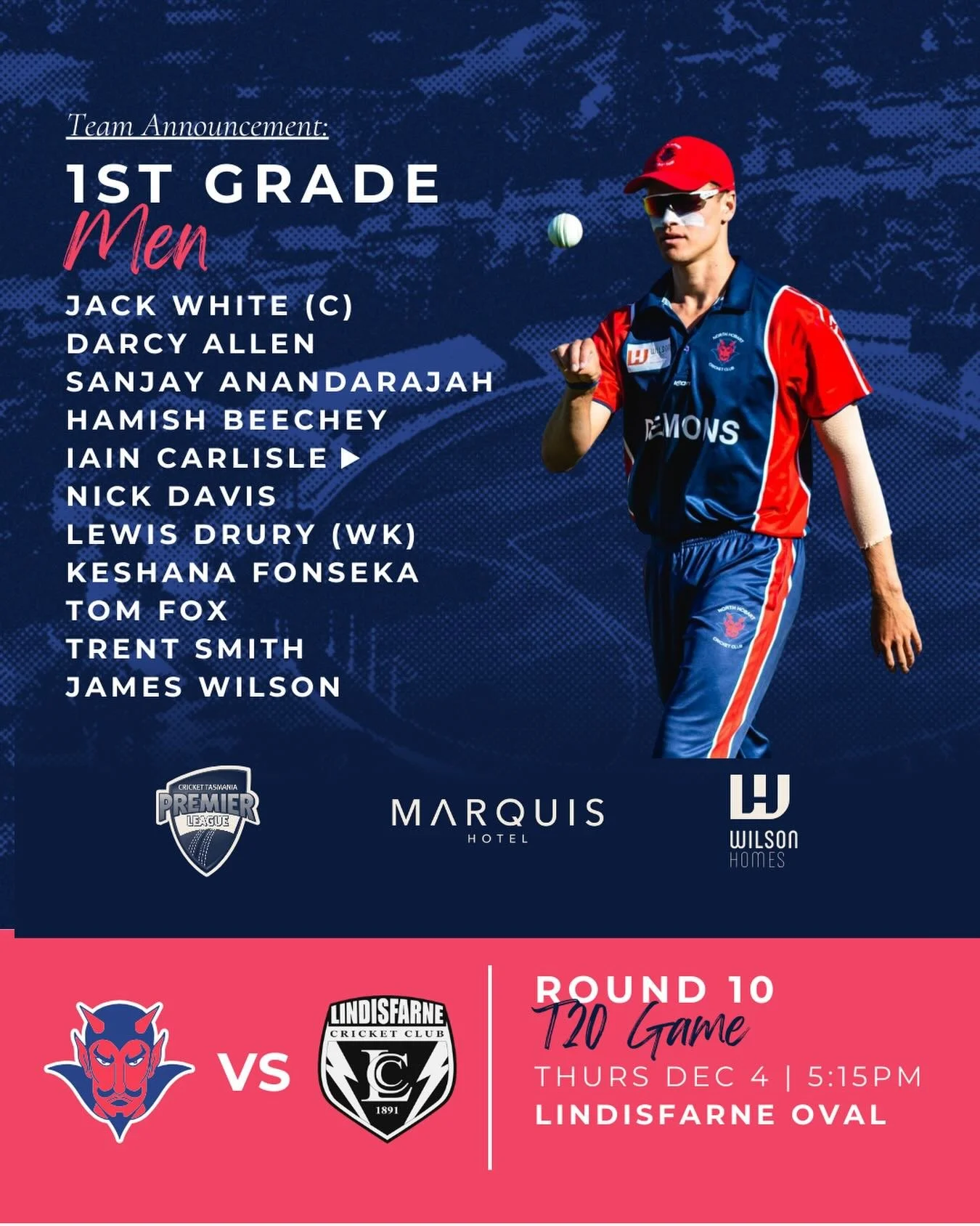 Thursday night T20!!!

The Men&rsquo;s 1st Grade T20 season kicks off against Lindisfarne at Lindisfarne, if you can&rsquo;t get to the match it will be live streamed from the clubrooms after training ❤️💙
