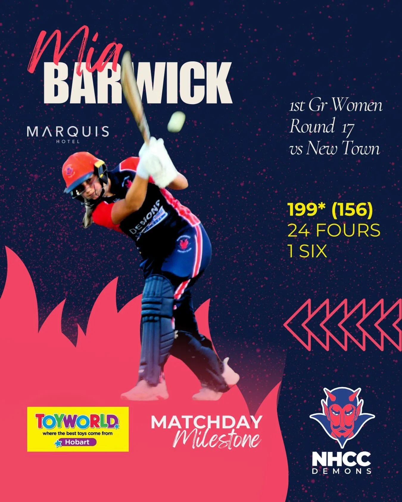 It&rsquo;s not often that a @toyworldhobart match day milestone gets a stand alone feature on the grid, but @miabarwick2010 has produced a remarkable knock 🏏  Our record breaker has set the highest ever runs scored in an innings by a female Demon, o