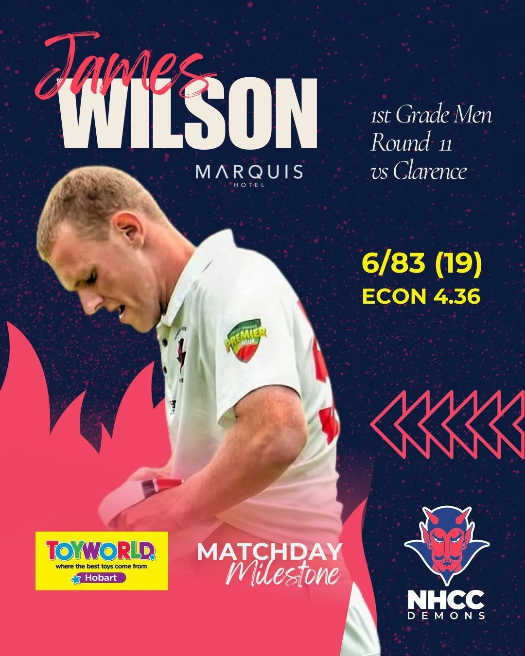 The first 5FA of the season has arrived, with @james.wilson5815 claiming the honours after a spell to be proud of with ball in hand! Happy to see Mia with bat raised in celebration, and @clarescott_ and @richsa_83 round out the @toyworldhobart match 