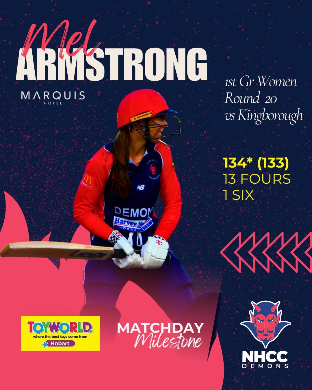 @melodiearmstrong and @blakesilli headline this weeks @toyworldhobart matchday milestones, with their 100 and 5fa respectively getting the golden numbers 💪 Great to see Mel carry the bat and contribute to a huge total, very ably supported by @juliac