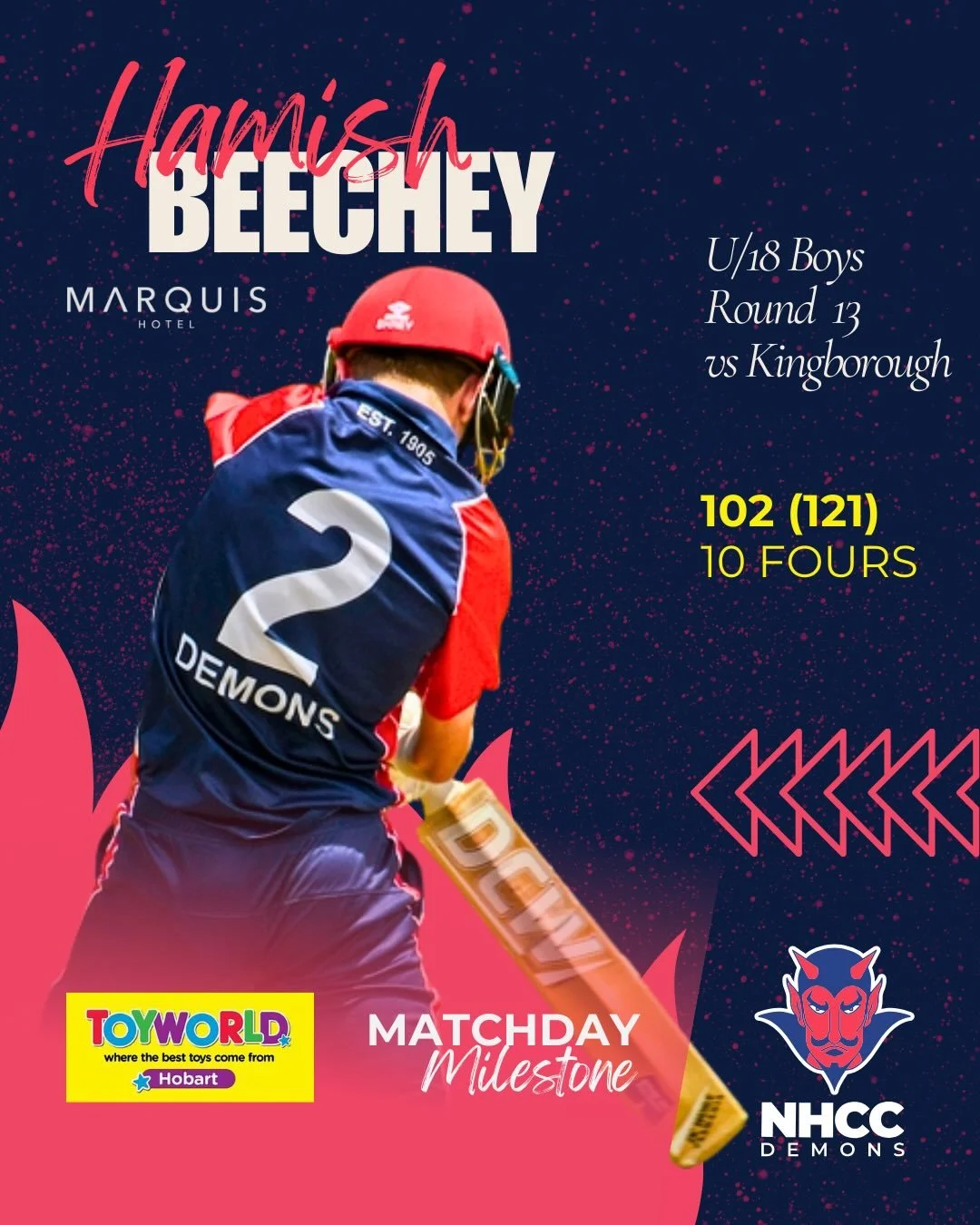 @hamish.beechey leads the way in the @toyworldhobart match day milestones this week, with a well crafted century to ensure his side took away a 90 run victory and the points. @mackenziest88 had a top day out, carrying the bat as well as taking 3 pole