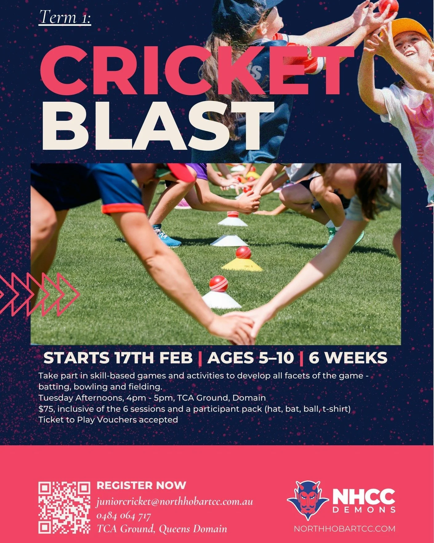 🔴🔵TERM 1 - CRICKET BLAST🔵🔴

🏏Starts Tuesday February 17th, 400-500pm
🏏5-10 year olds
🏏6 week program
🏏$75
🏏TCA Ground, Queens Domain.

REGISTER NOW
https://www.playhq.com/cricket-australia/register/ce18e7

📧 juniorcricket@northhobartcc.com.