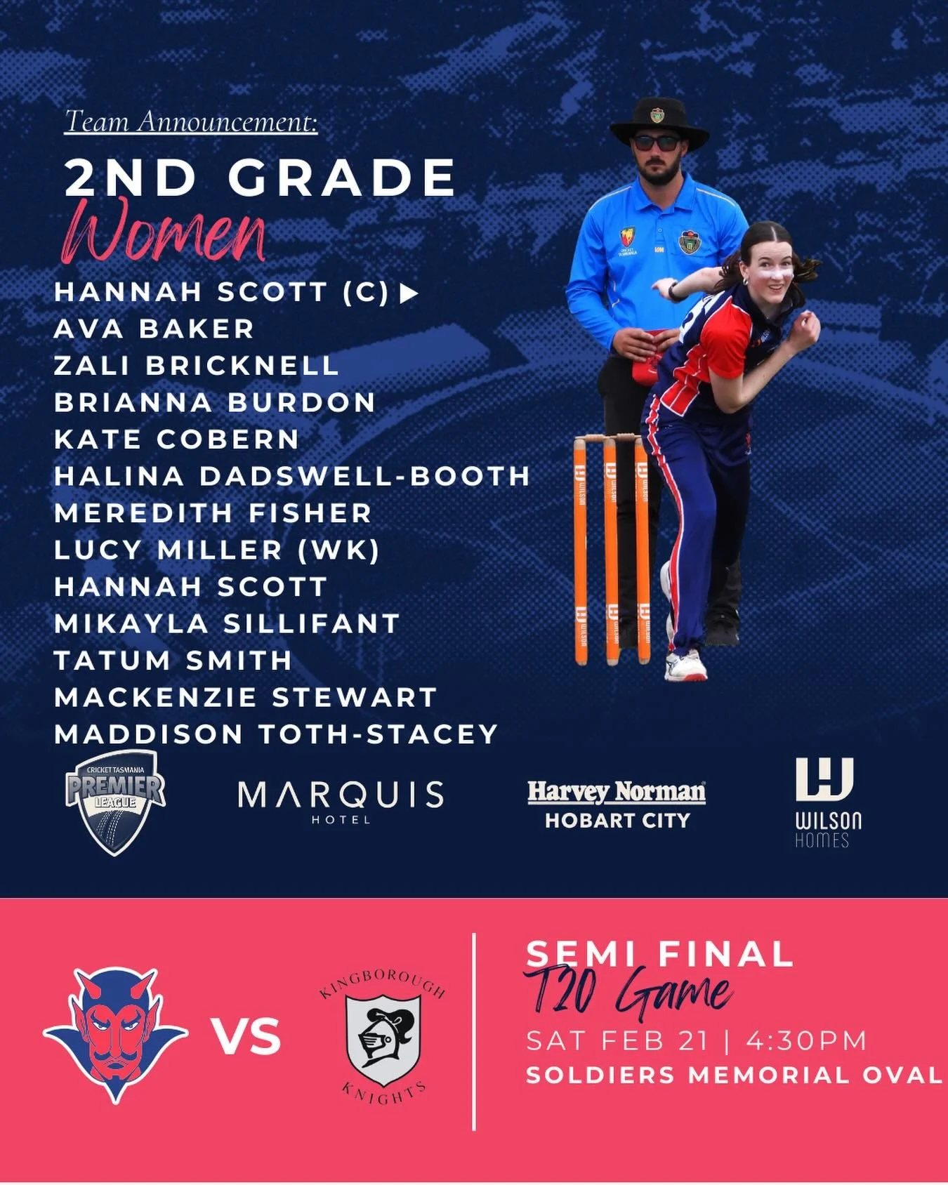 ⭐️ 2nd Grade Women T20 Semi Final ⭐️

Good luck to our girls who take on Kingborough in the T20 final! We are so proud of you all. Go Dees ❤️💙