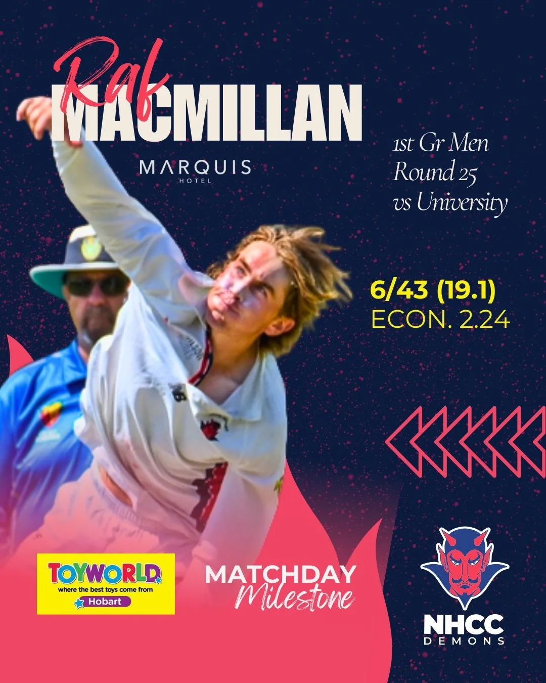 The final @toyworldhobart match day milestones showcase some standout individual performances, with a very handy 6fa from Raf and cool, run a ball century from Tom. Well done on finishing the season with strength 💪❤️💙