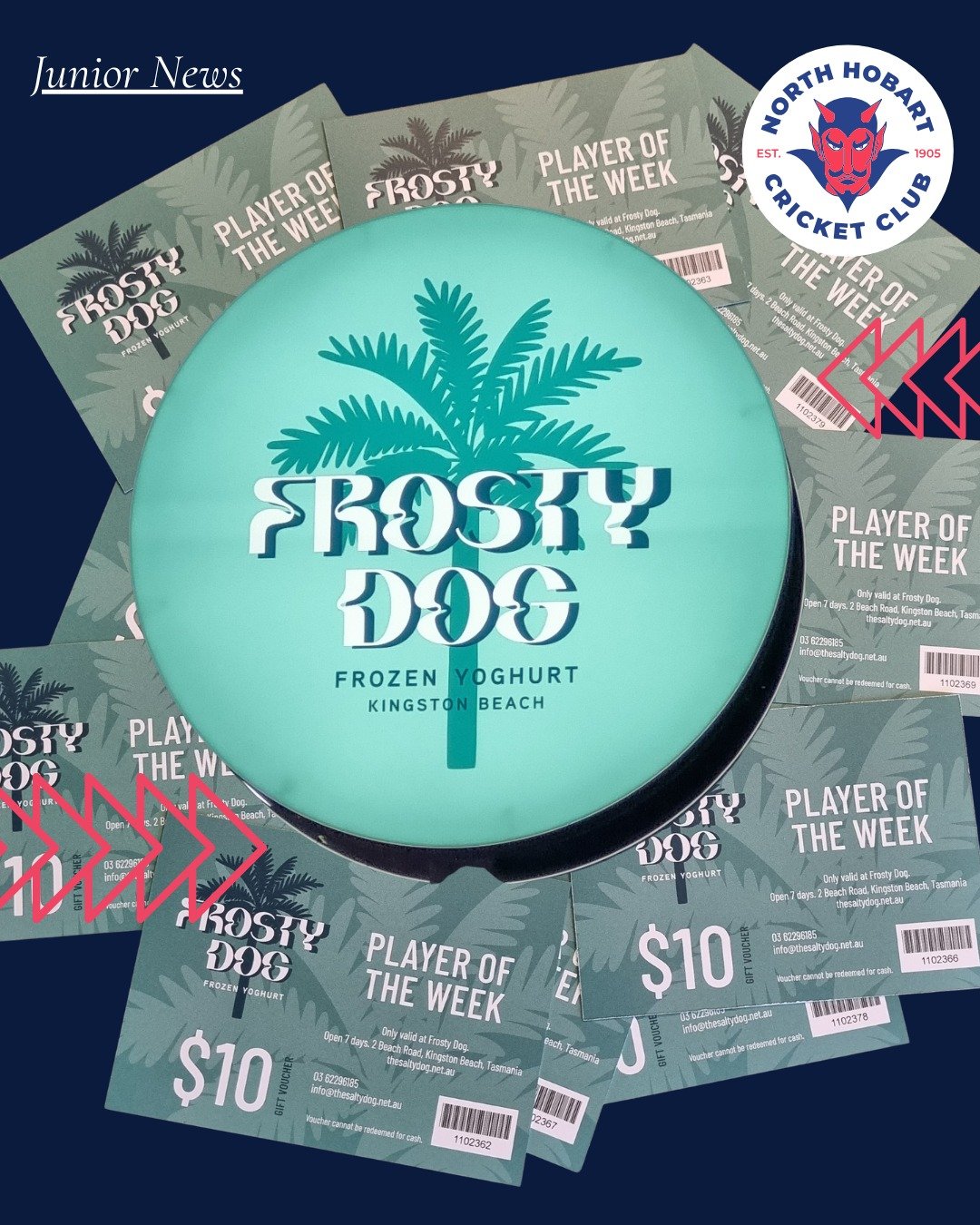 Exciting news for our NHCC juniors ahead of next season, thanks to our good friends at @thesaltydoghotel  and Frosty Dog at Kingston Beach.
NHCC have successfully secured 100+ 'Player of the Week' vouchers, made available next season for our junior t