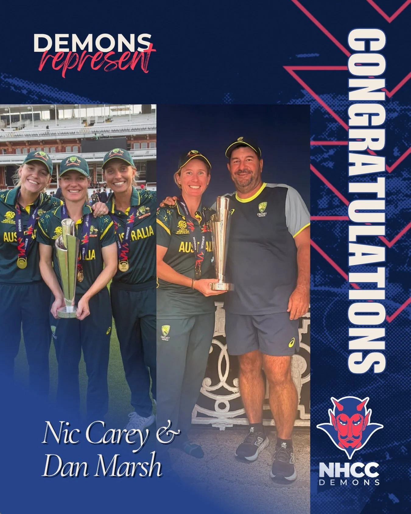 From the TCA to the top of the world! 🌏🏆

Congratulations to our very own @nicolajanecarey and @danmarsh0404 on becoming T20 World Cup Champions!

It&rsquo;s an incredible achievement, and everyone at North Hobart Cricket Club is so proud to see tw