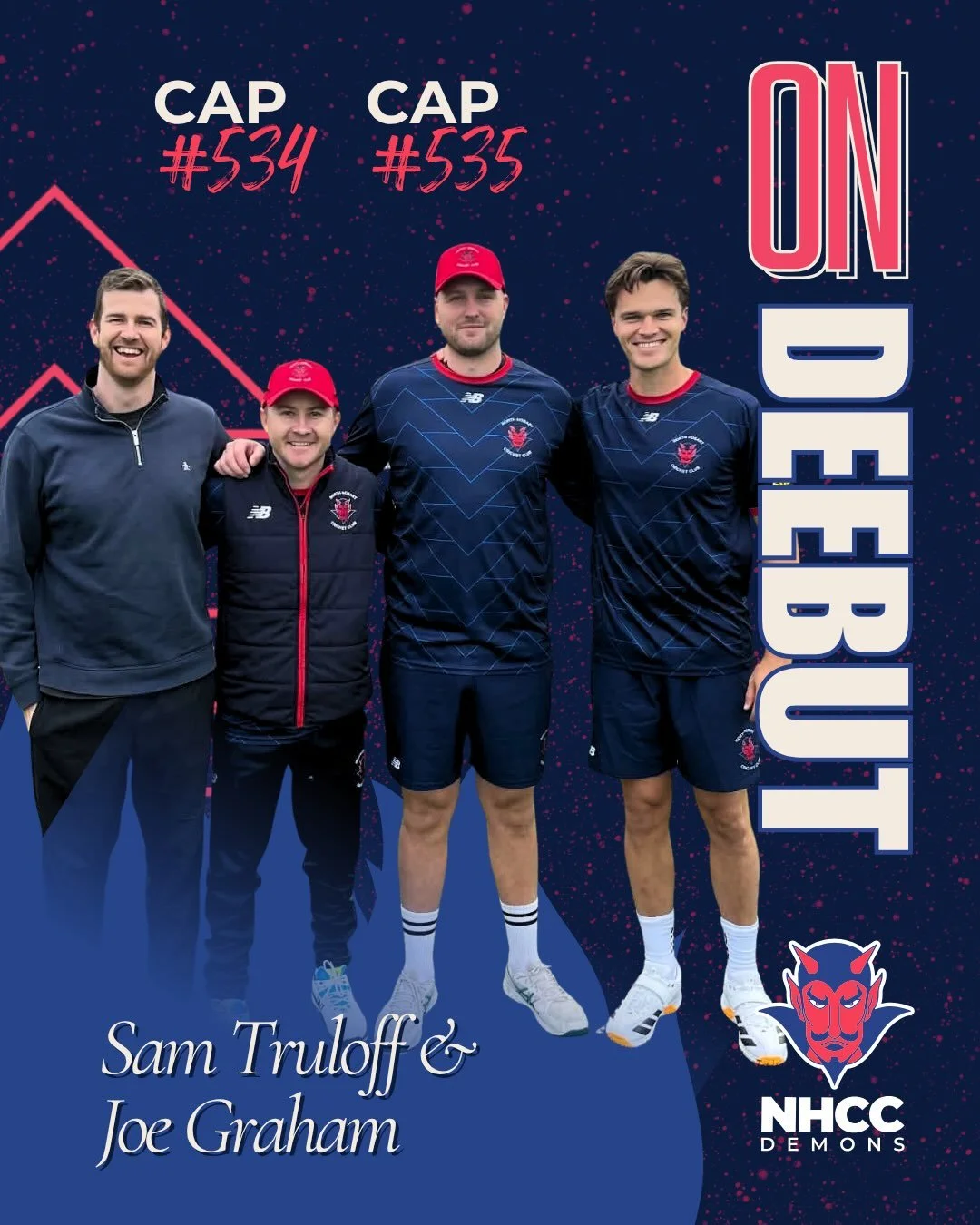 Two on Deebut 🔥 

New playing Head Coach @samtruloff (centre left) proudly receives Cap No. 534 from club legend and life member @pikie92 (left, Cap No. 445), while Joe (centre right) is presented with Cap No. 535 by current Hurricane/Tiger/Dee @iai