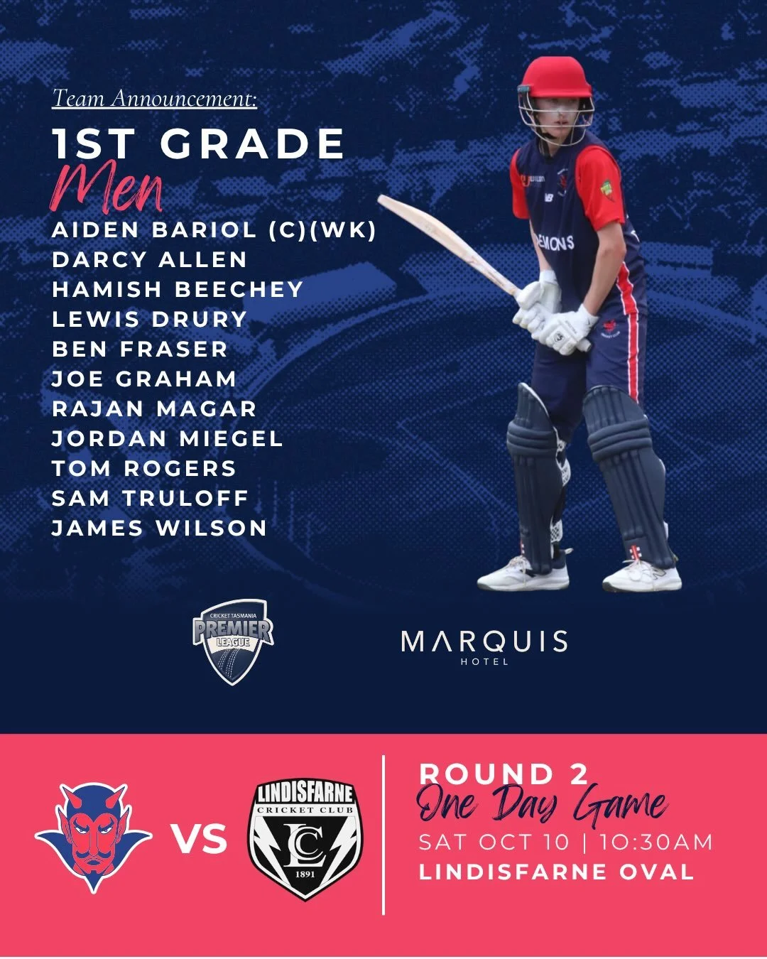Our Dees take on the eastern shore this weekend!

First Grade Men welcome debutant Rajan Magar to the side with some young guns returning into the line up and Ben Fraser (not young) as they take on Lindisfarne. 

First Grade Women will face off again