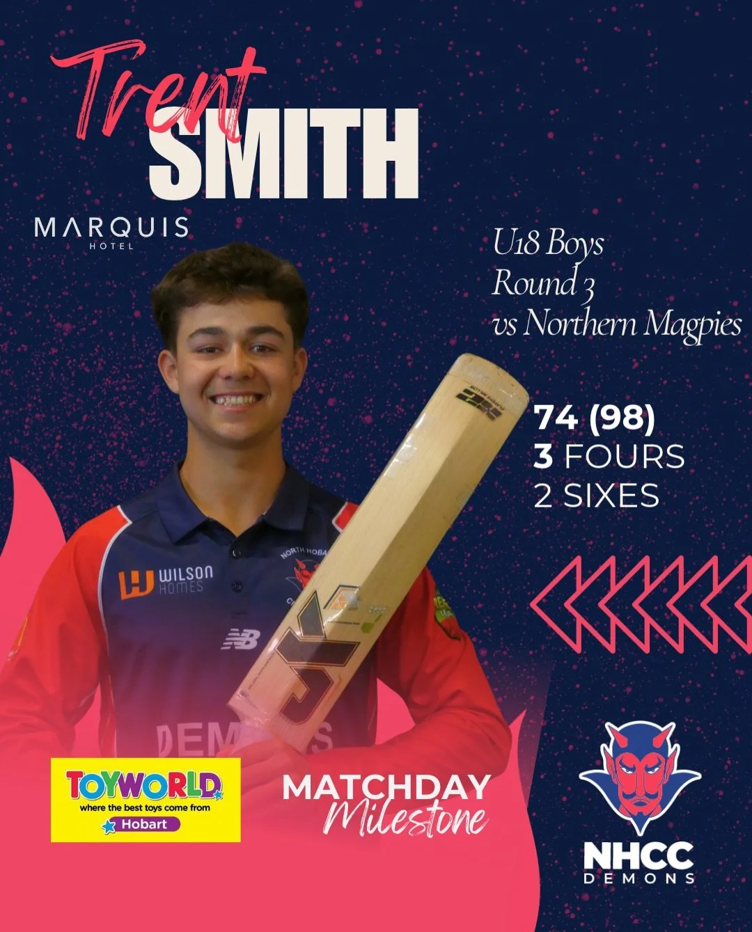 More runs in this week&rsquo;s @toyworldhobart Match Day Milestones! @trentsmith289 and @huddo.bernes15 fought valiantly for the Boys on a very difficult wicket by all reports. Well done men! ❤️💙