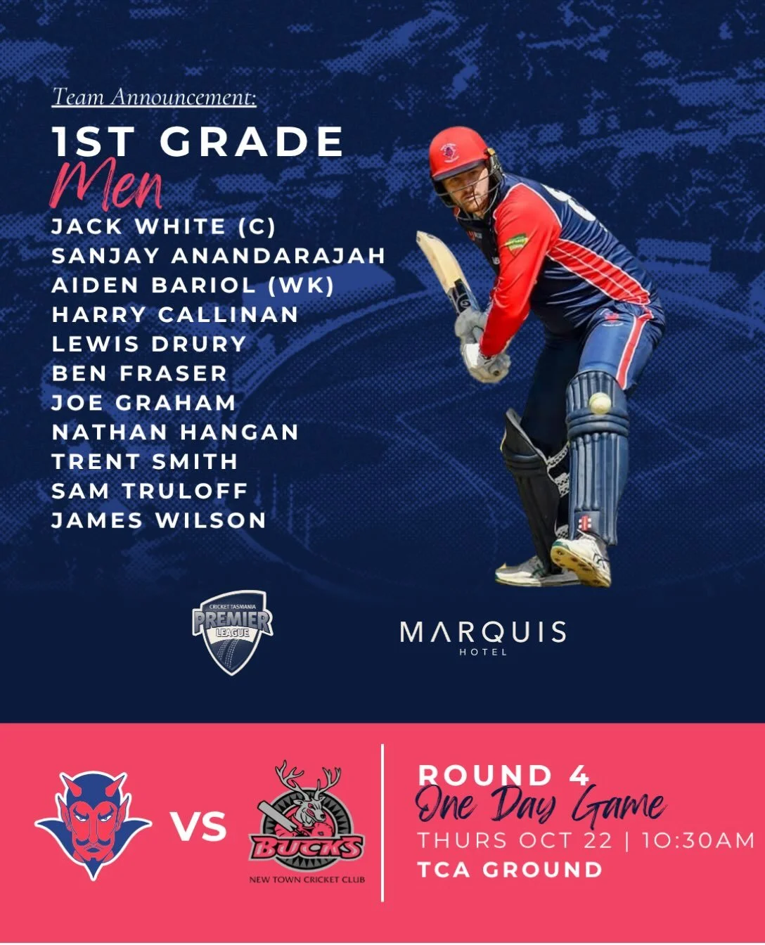 Public Holiday Cricket, what&rsquo;s not to love!

Come support our 1st Grade Men take on New Town at the TCA this Thursday ❤️💙