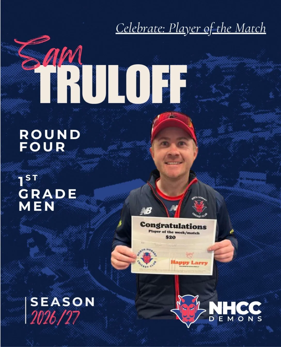 A familiar face in the Player of the Match feature 👀 @samtruloff is putting in the work with the willow to find himself both amongst the runs and with some well deserved recognition - keep it up, Sam! Thanks to our good friends @happylarry_deli for 