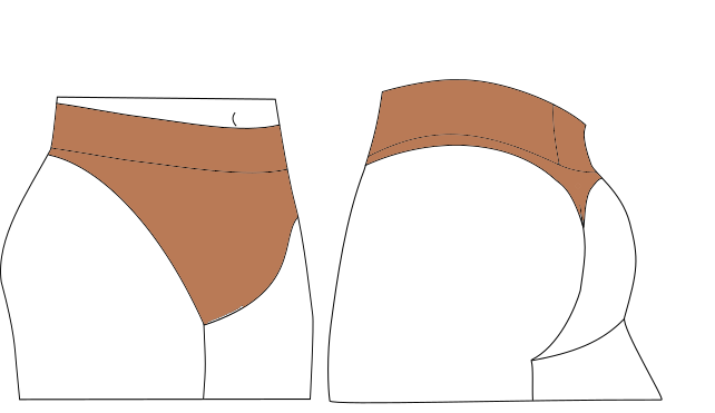 Drawing of a swimsuit bottom in front and back views, with a brown top section and a white bottom section.