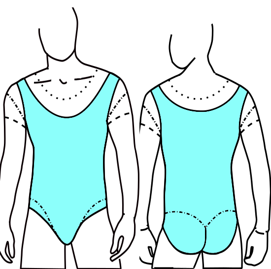 Line drawing of a leotard shown from front and back, with blue color on the front and back.