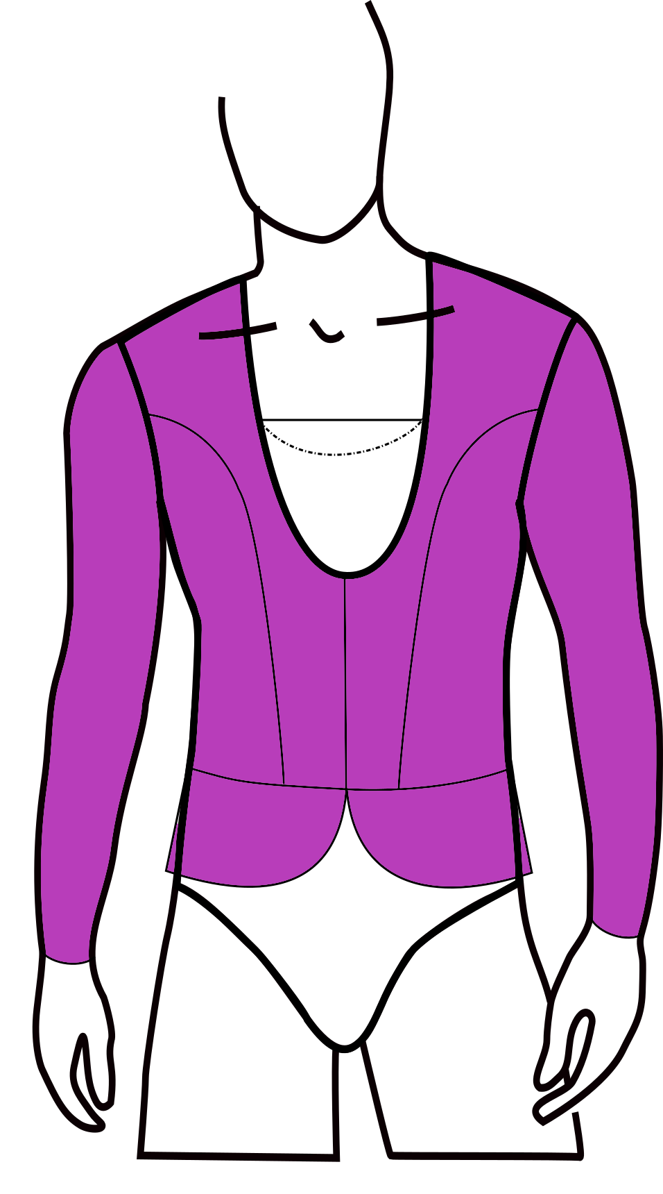 Line drawing of a person wearing a purple blazer over a white top, with a deep neckline, and white shorts.