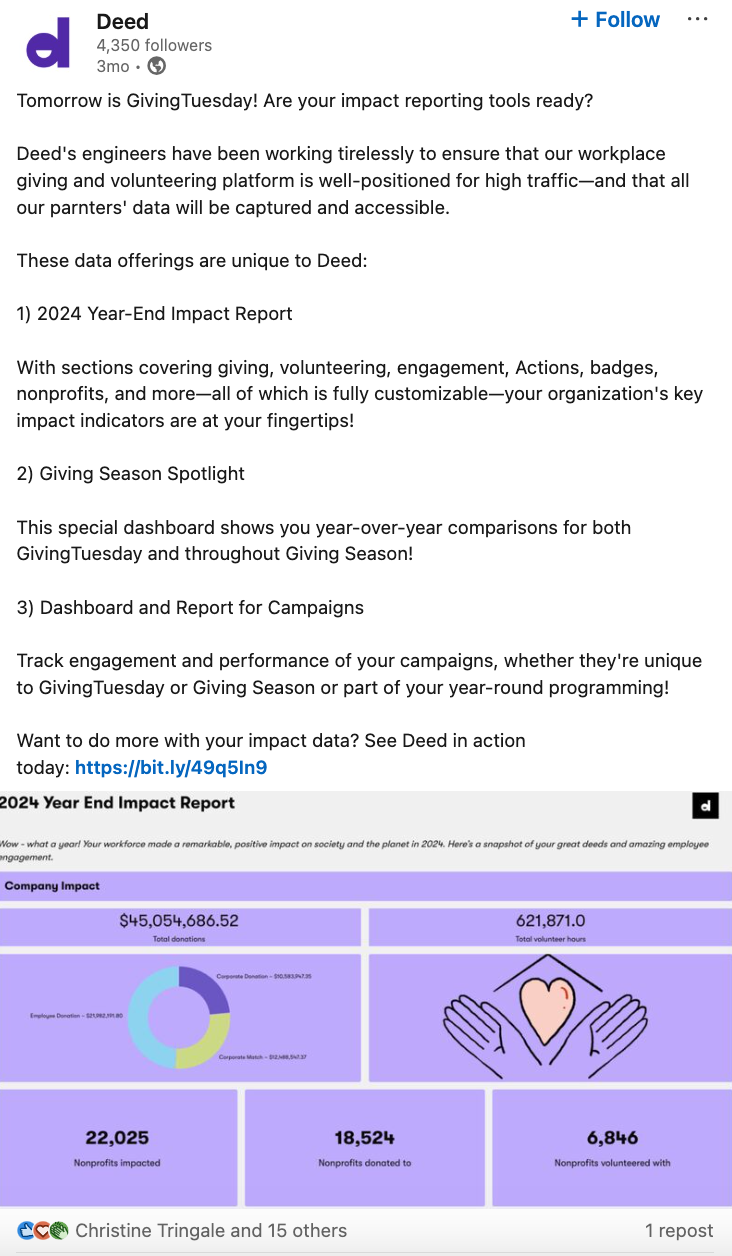 This LinkedIn post, produced for Deed, highlights the companies data capabilities tailored to Giving Season 2024.