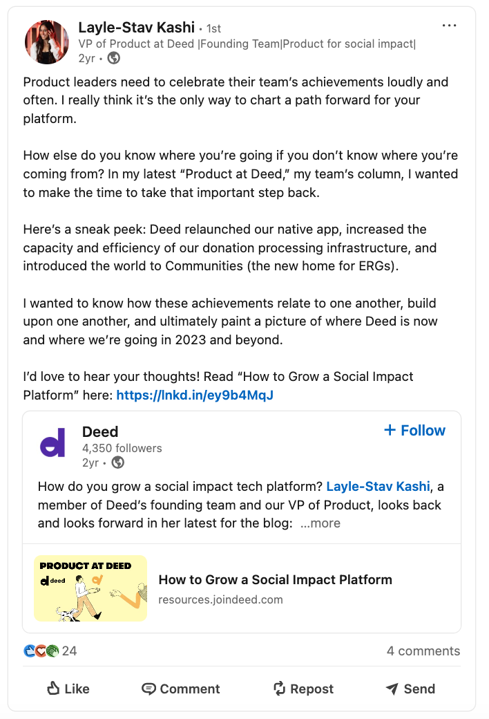 This LinkedIn post, written for the VP, Product at Deed, speaks to ICP pain points and shares tech leadership insights.