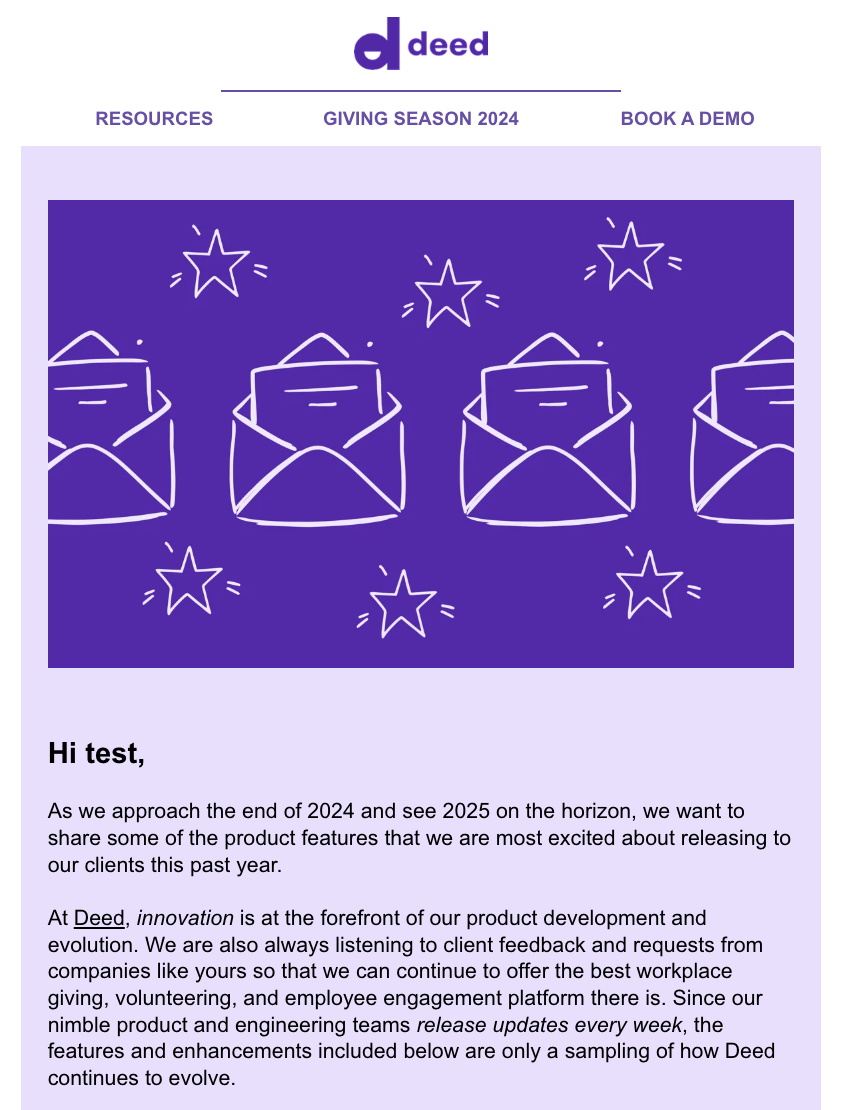 Produced for Deed, this is a B2B newsletter advertising product updates for 2024.