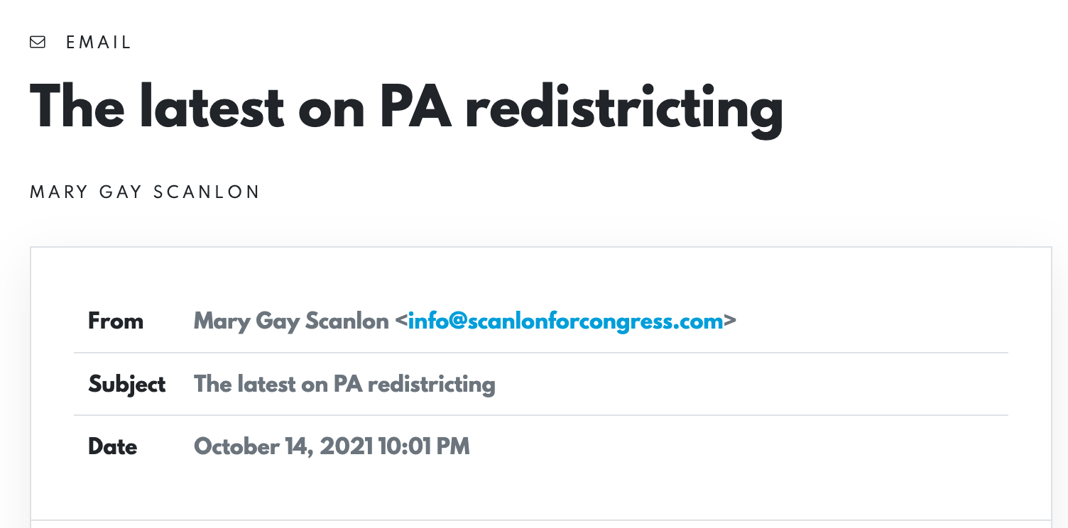This email, produced with Basecamp Strategies for Congresswoman Mary Gay Scanlon, is about redistricting in Pennsylvania.