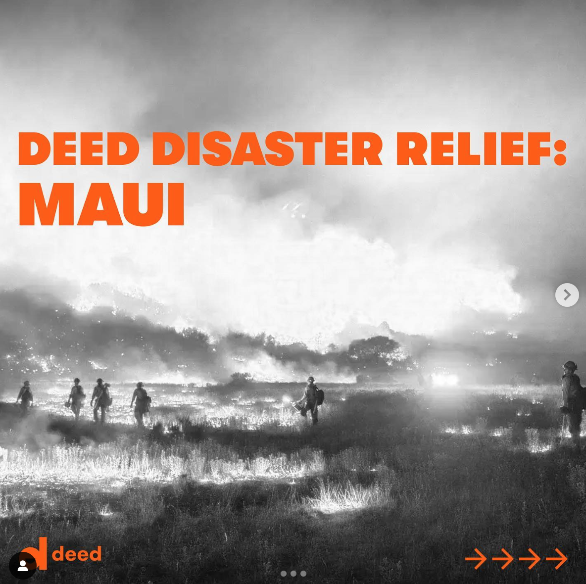 This Instagram post, produced for Deed, put out an urgent call for disaster relief for Maui following the wildfires there in 2023. 