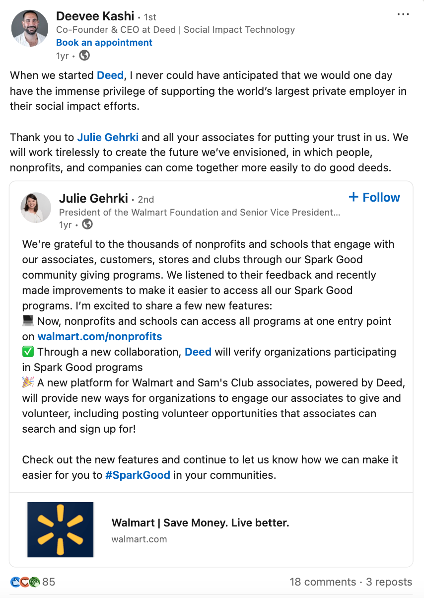This LinkedIn post, written for the CEO of Deed, highlights a client relationship with Walmart.