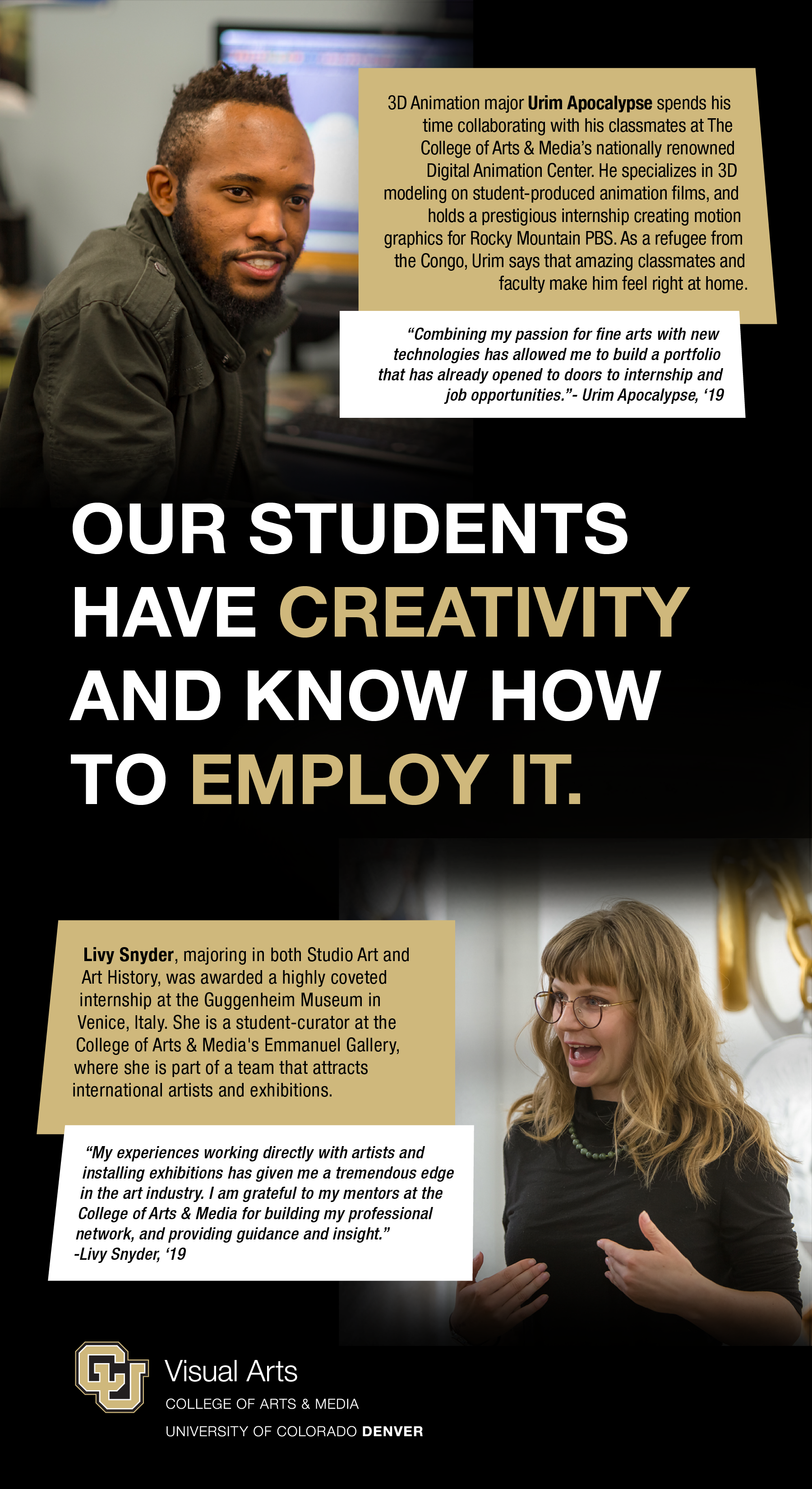 A promotional card featuring visual arts students at the College of Arts & Media.