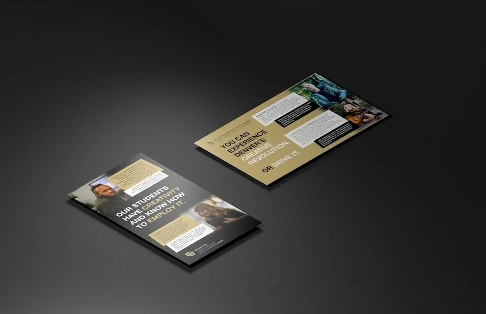 Two promotional mailers for the College of Arts & Media at the University of Colroado Denver, featuring profiles of CAM students from the Music department and the Visual Arts department.