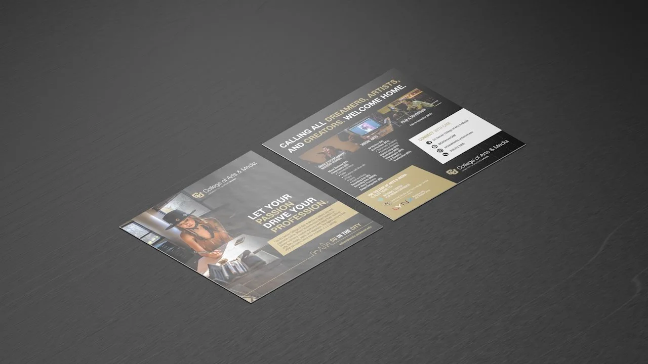 A postcard to be distributed to prospective students. The postcard highlights degree offerings, information on the college’s mission, and ways to get in contact on social media.