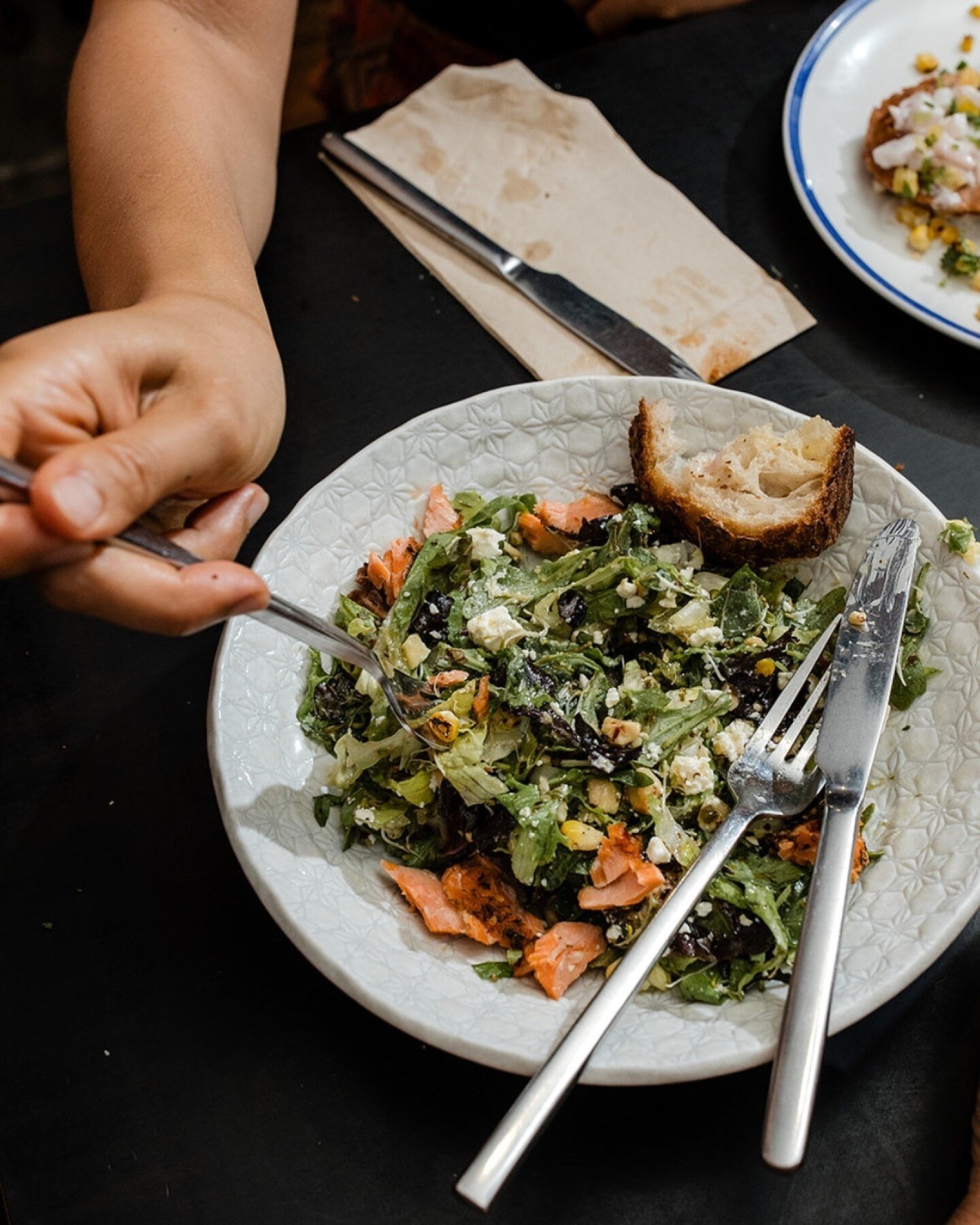 In the midst of a good time. 

The Green salad

Roast ocean trout, salad greens, sprouts, avocado, red onion pickle, herbs, sheep milk fatta, pepitas, zucchini &amp;  salsa verde.