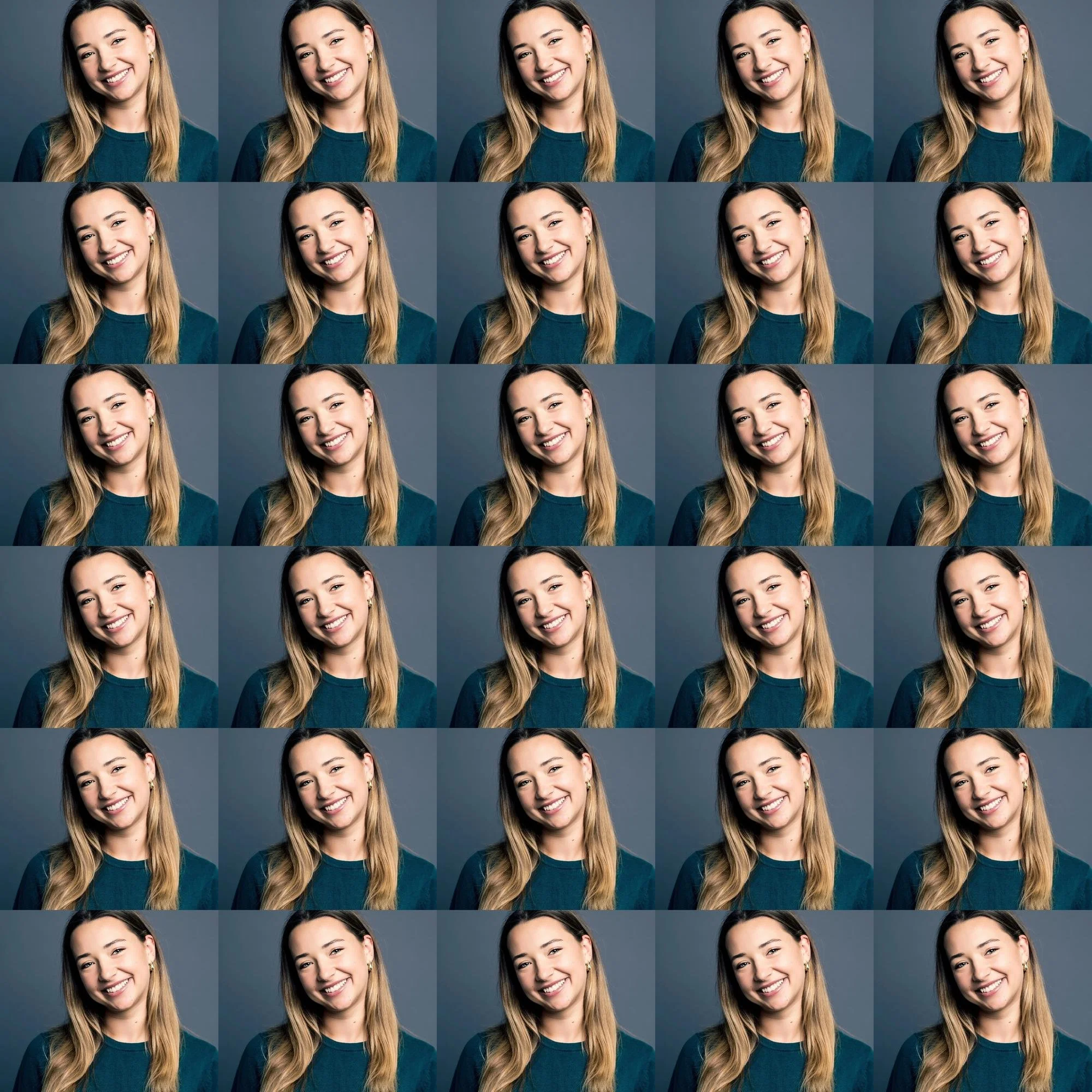 Multiple identical portraits of a young woman with long blonde hair, smiling, wearing a teal top, against a gray background.