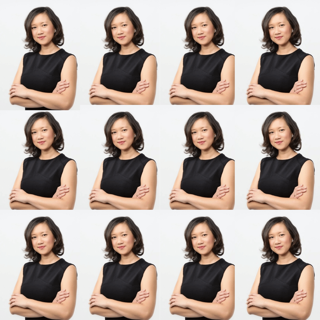 A collage of twelve identical photographs of a woman with shoulder-length black hair, crossed arms, wearing a sleeveless black top, standing against a plain white background.